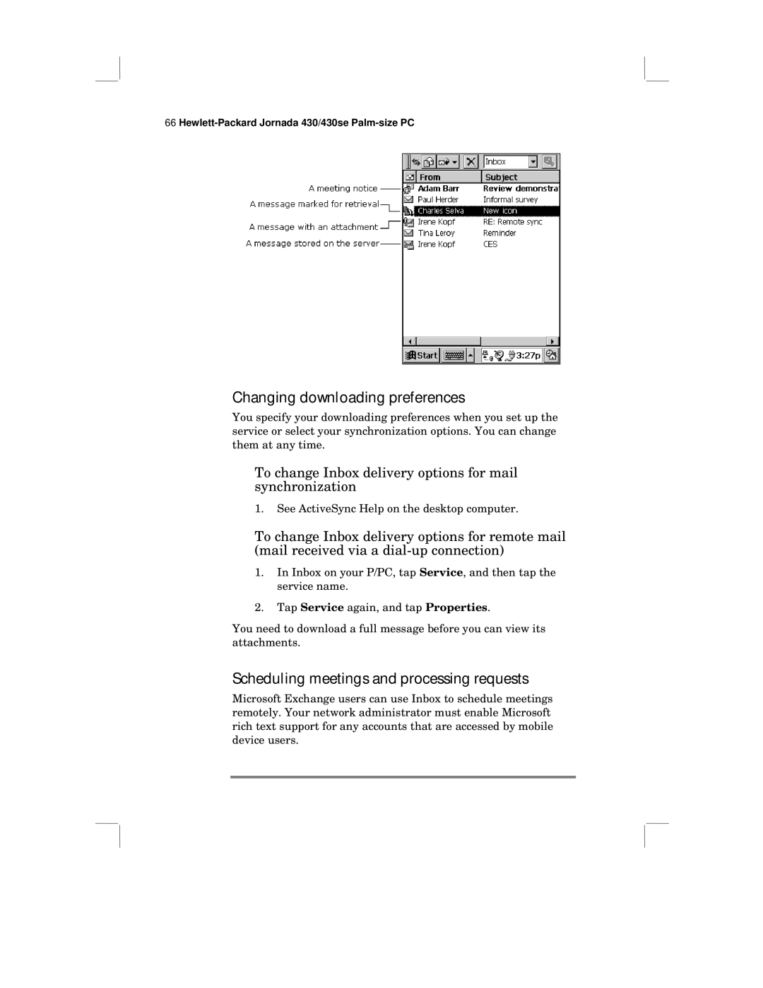 HP 430 SE manual Changing downloading preferences, Scheduling meetings and processing requests 