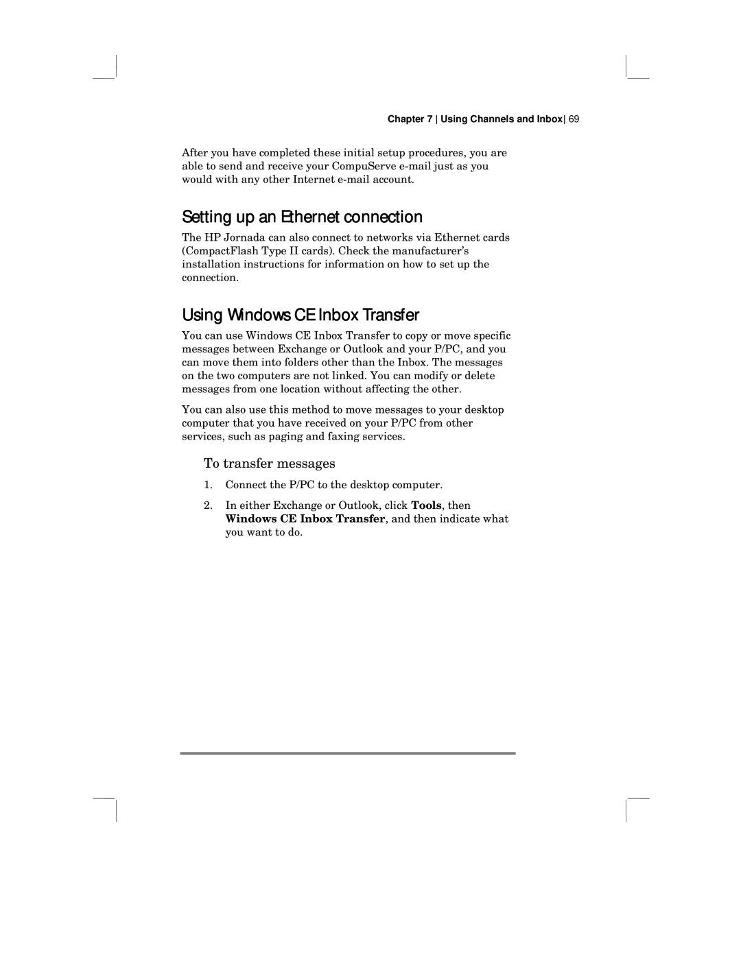 HP 430 SE manual Setting up an Ethernet connection, Using Windows CE Inbox Transfer, To transfer messages 