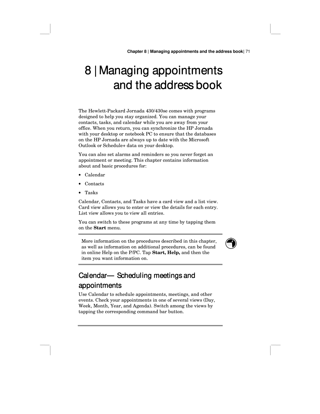 HP 430 SE manual Managing appointments and the address book, Calendar- Scheduling meetings and appointments 