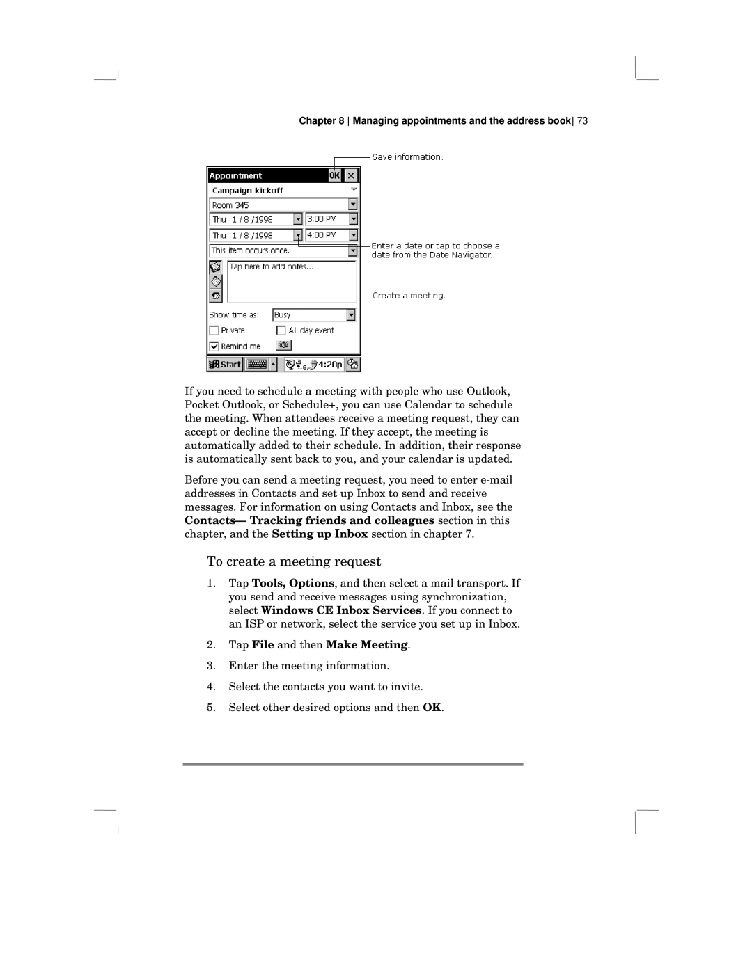 HP 430 SE manual To create a meeting request, Tap File and then Make Meeting 