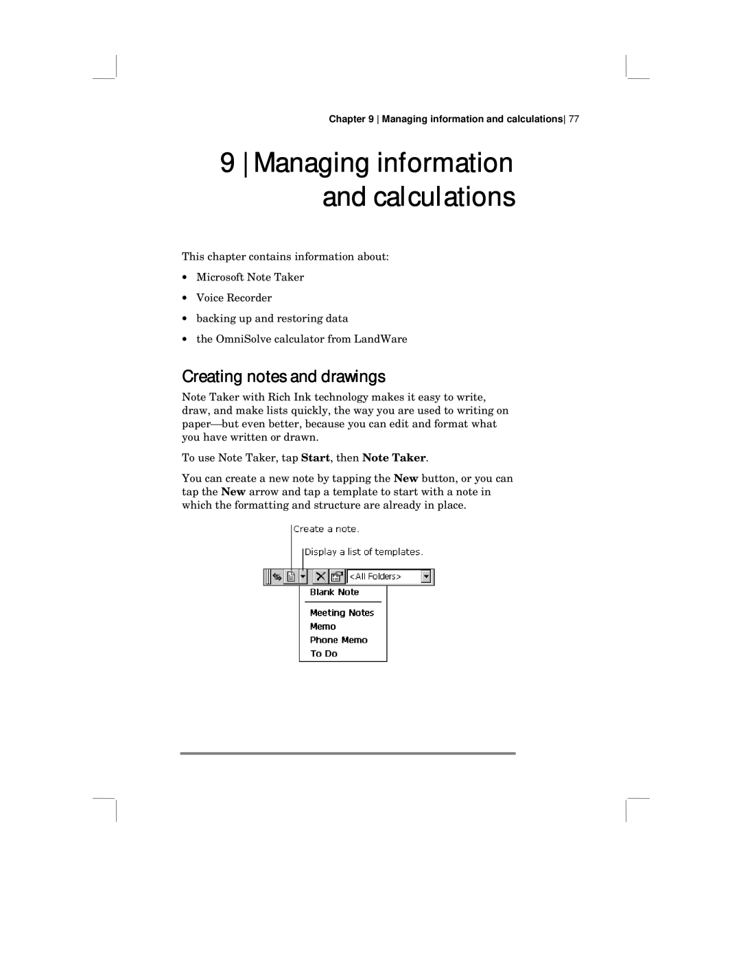 HP 430 SE manual Managing information and calculations, Creating notes and drawings 