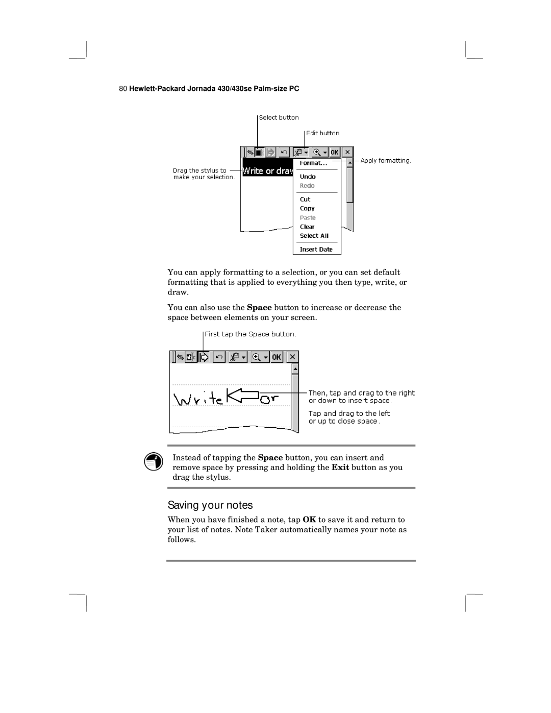 HP 430 SE manual Saving your notes 