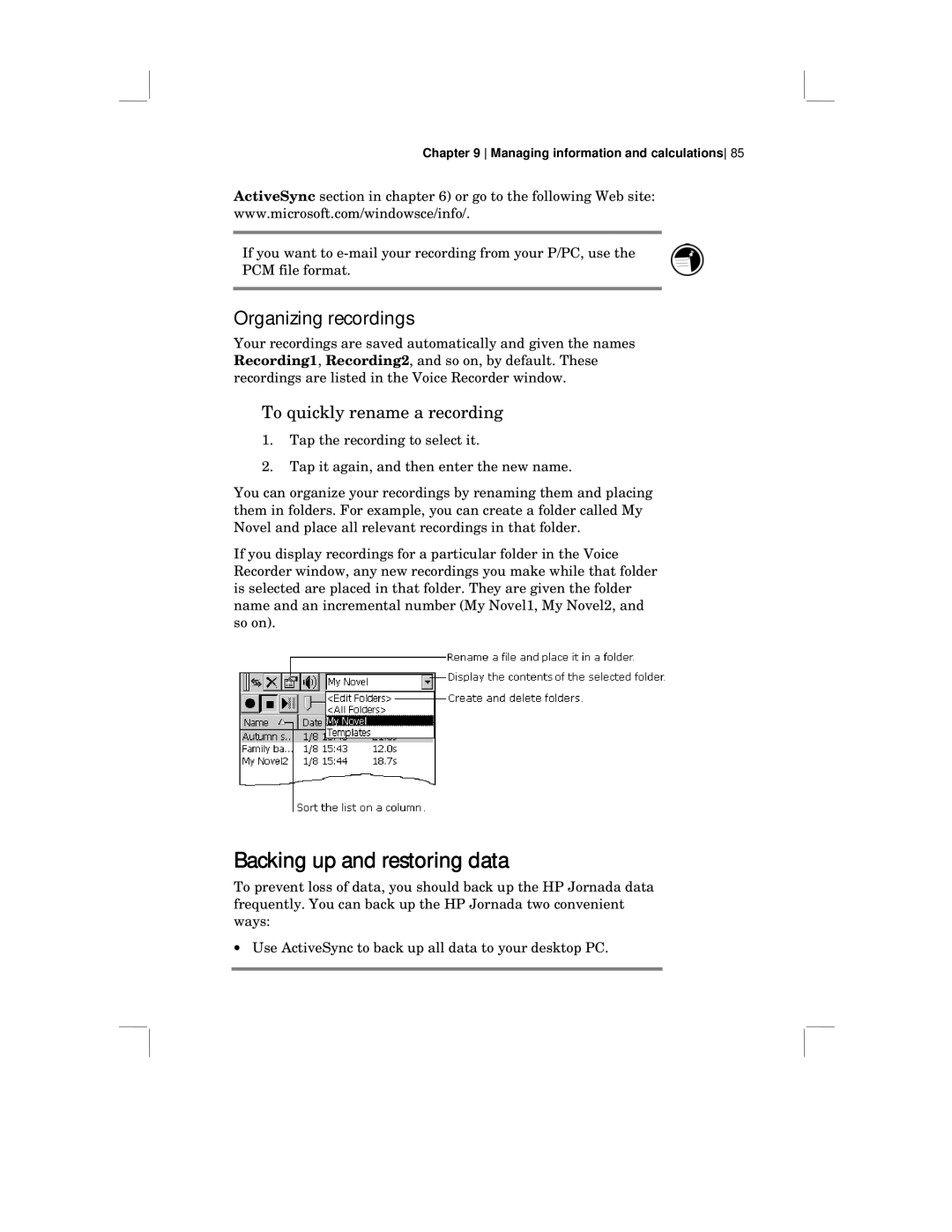 HP 430 SE manual Backing up and restoring data, Organizing recordings, To quickly rename a recording 