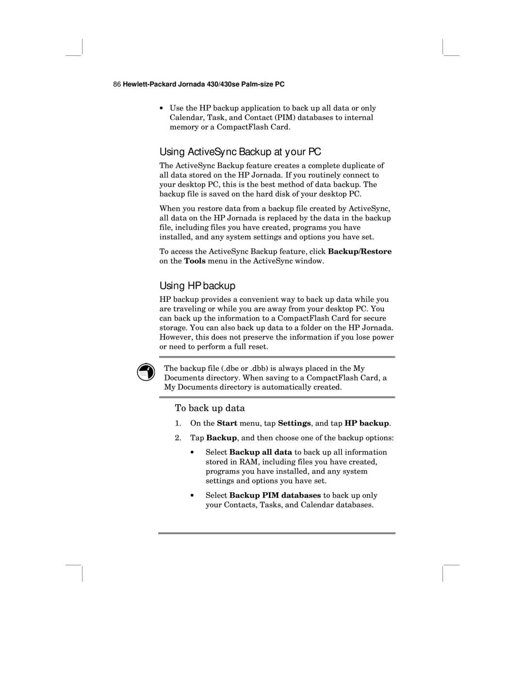 HP 430 SE manual Using ActiveSync Backup at your PC, Using HP backup, To back up data 