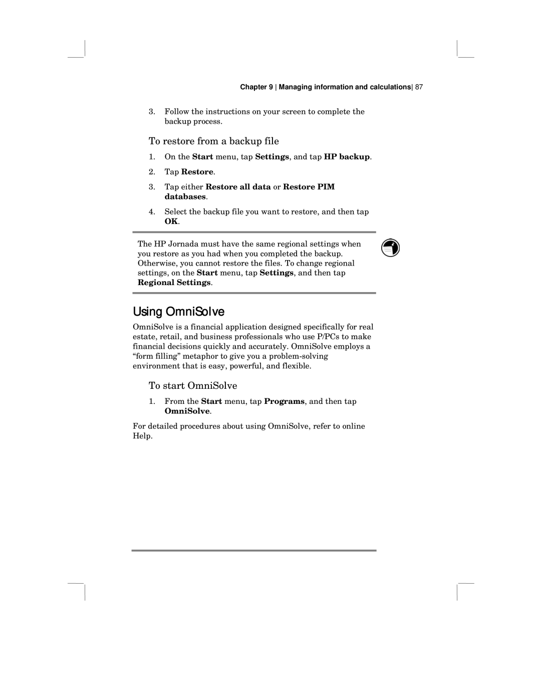 HP 430 SE manual Using OmniSolve, To restore from a backup file, To start OmniSolve 
