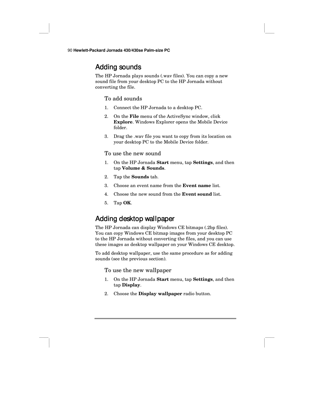 HP 430 SE manual Adding sounds, Adding desktop wallpaper, To add sounds, To use the new sound, To use the new wallpaper 