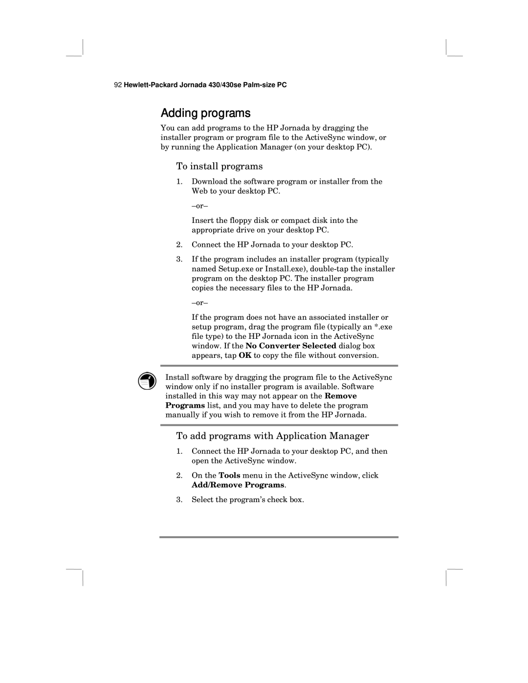 HP 430 SE manual Adding programs, To install programs, To add programs with Application Manager 