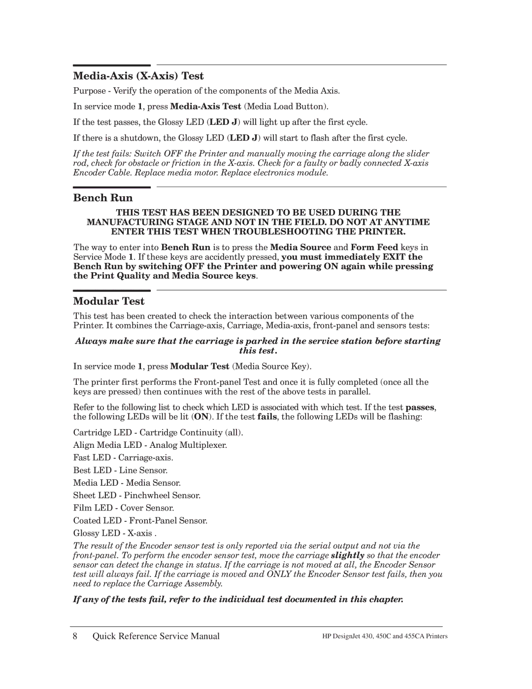HP 430 manual Media3Axis X3Axis Test, Bench Run, Modular Test 