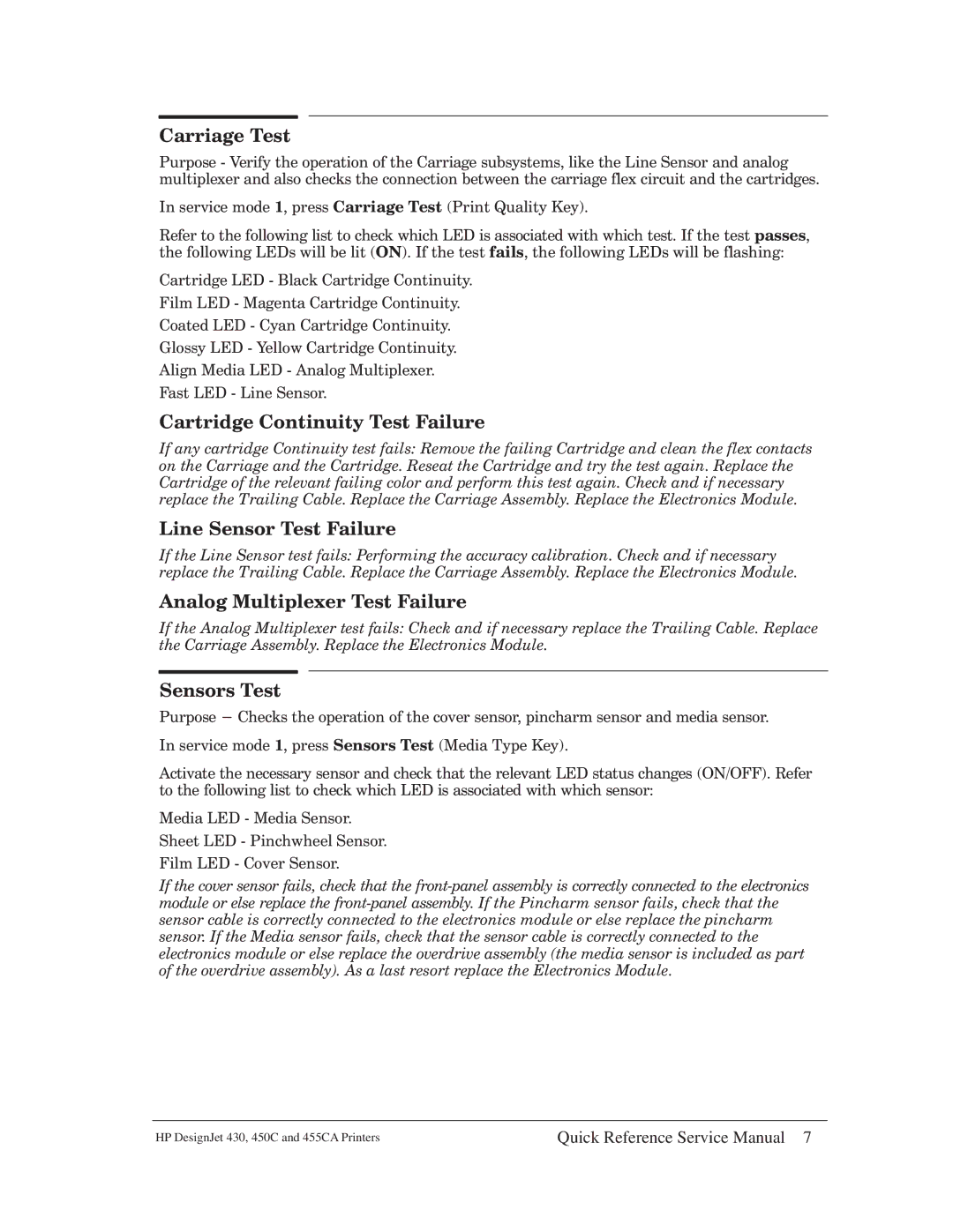 HP 430 manual Carriage Test, Cartridge Continuity Test Failure, Line Sensor Test Failure, Analog Multiplexer Test Failure 