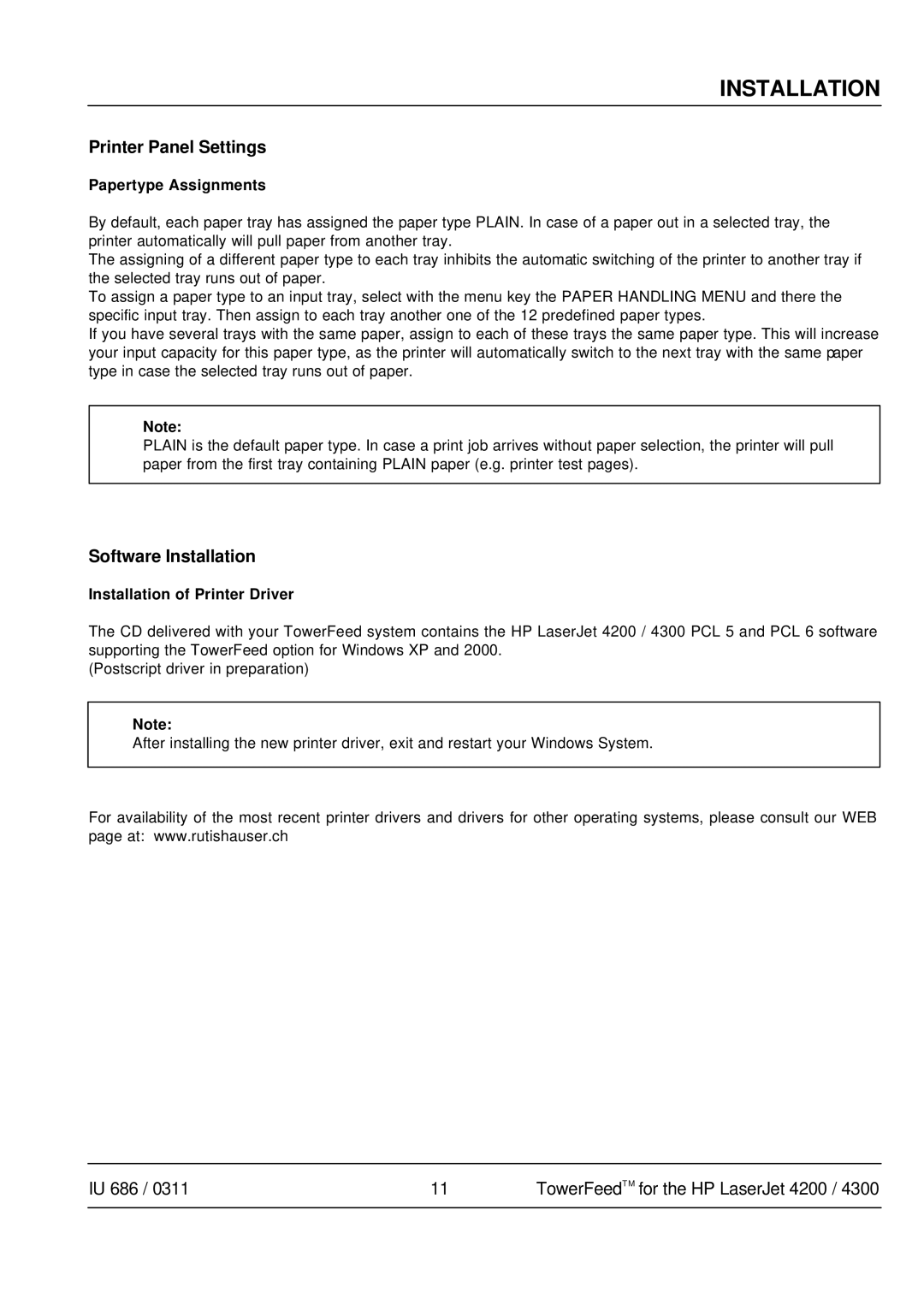 HP 4300 manual Papertype Assignments, Installation of Printer Driver 