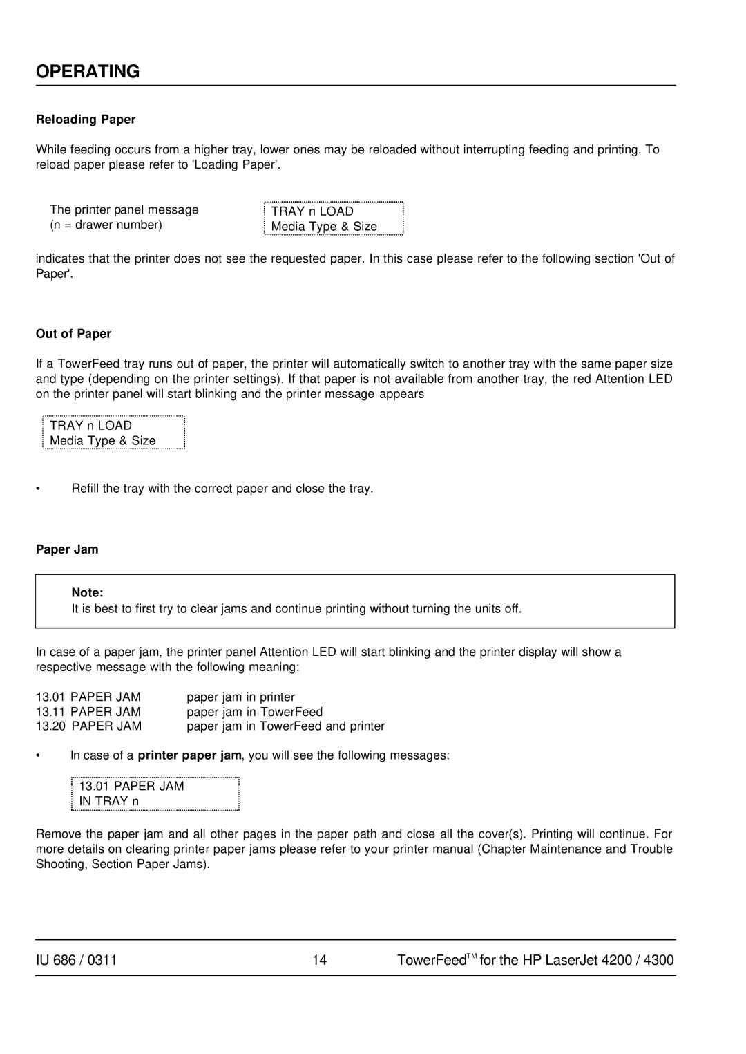 HP 4300 manual Reloading Paper, Out of Paper, Paper Jam 