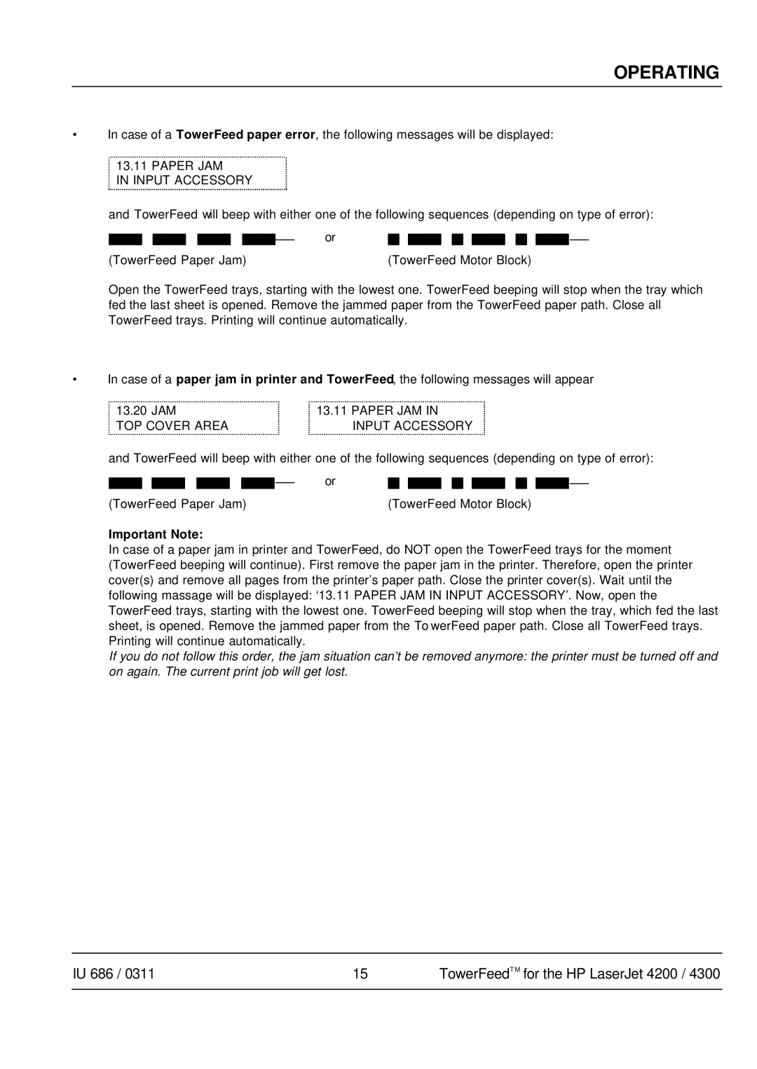 HP 4300 manual Paper JAM Input Accessory, Important Note 