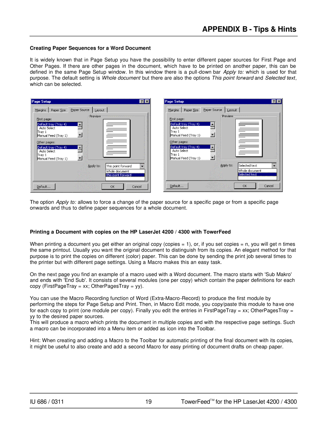 HP 4300 manual Creating Paper Sequences for a Word Document 