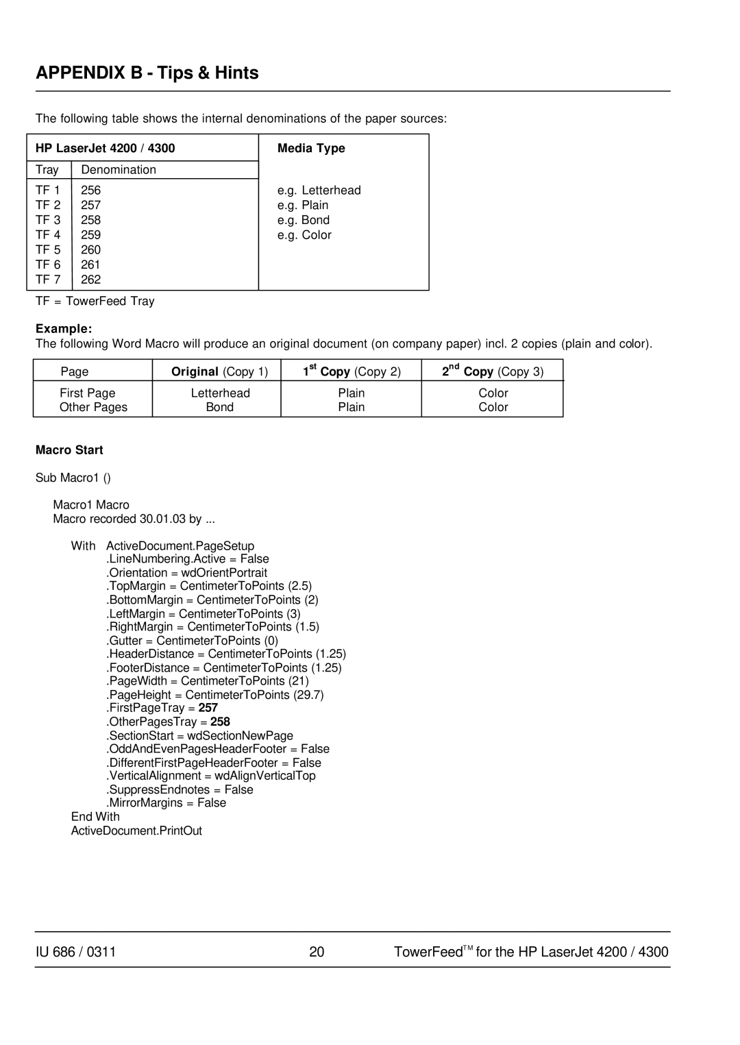 HP 4300 manual HP LaserJet 4200, Media Type, Example, Original Copy, Macro Start 