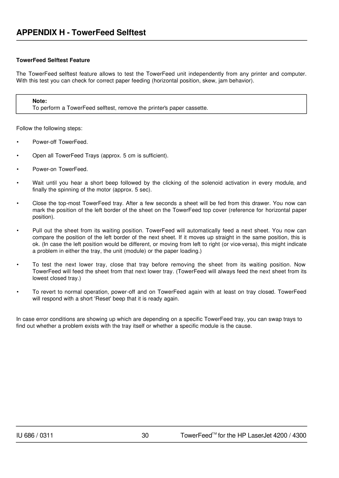 HP 4300 manual Appendix H TowerFeed Selftest, TowerFeed Selftest Feature 