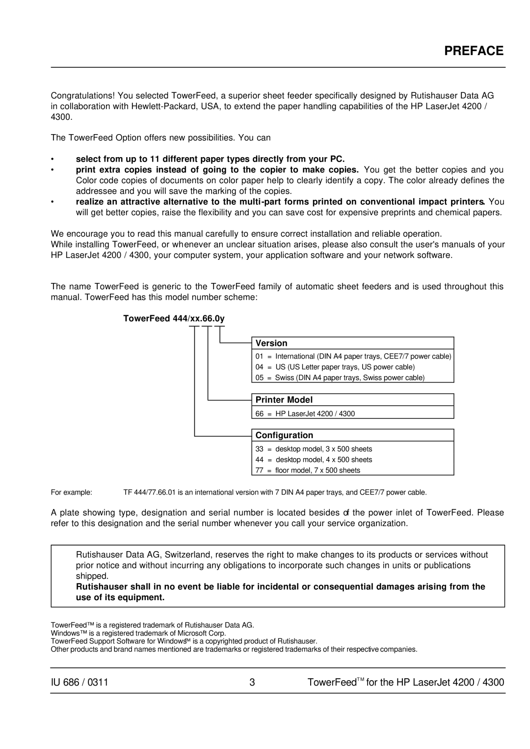 HP 4300 manual Preface, TowerFeed 444/xx.66.0y Version, Printer Model, Configuration 