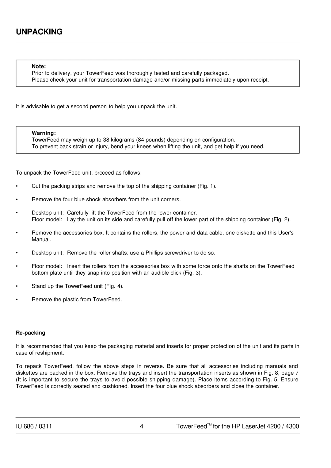 HP 4300 manual Unpacking, Re-packing 