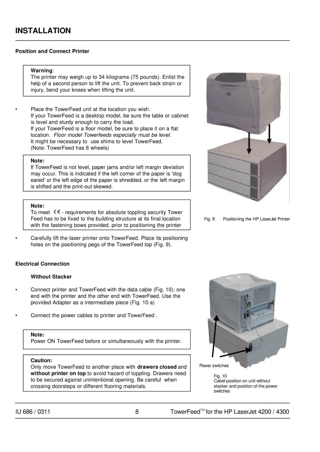 HP 4300 manual Position and Connect Printer, Electrical Connection Without Stacker 