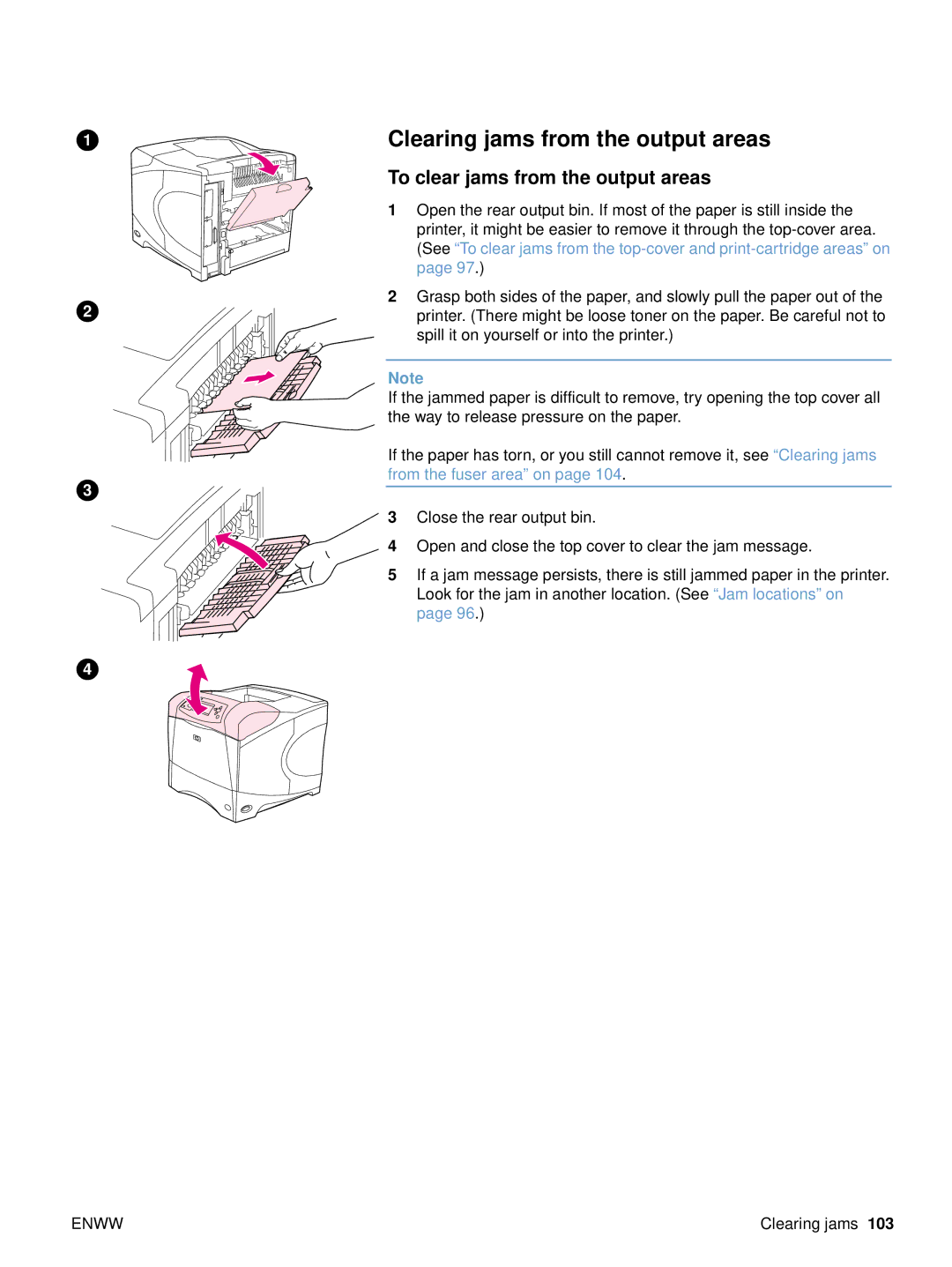 HP 4300dtns, 4200n, 4200dtnsl, 4200tn manual Clearing jams from the output areas, To clear jams from the output areas 