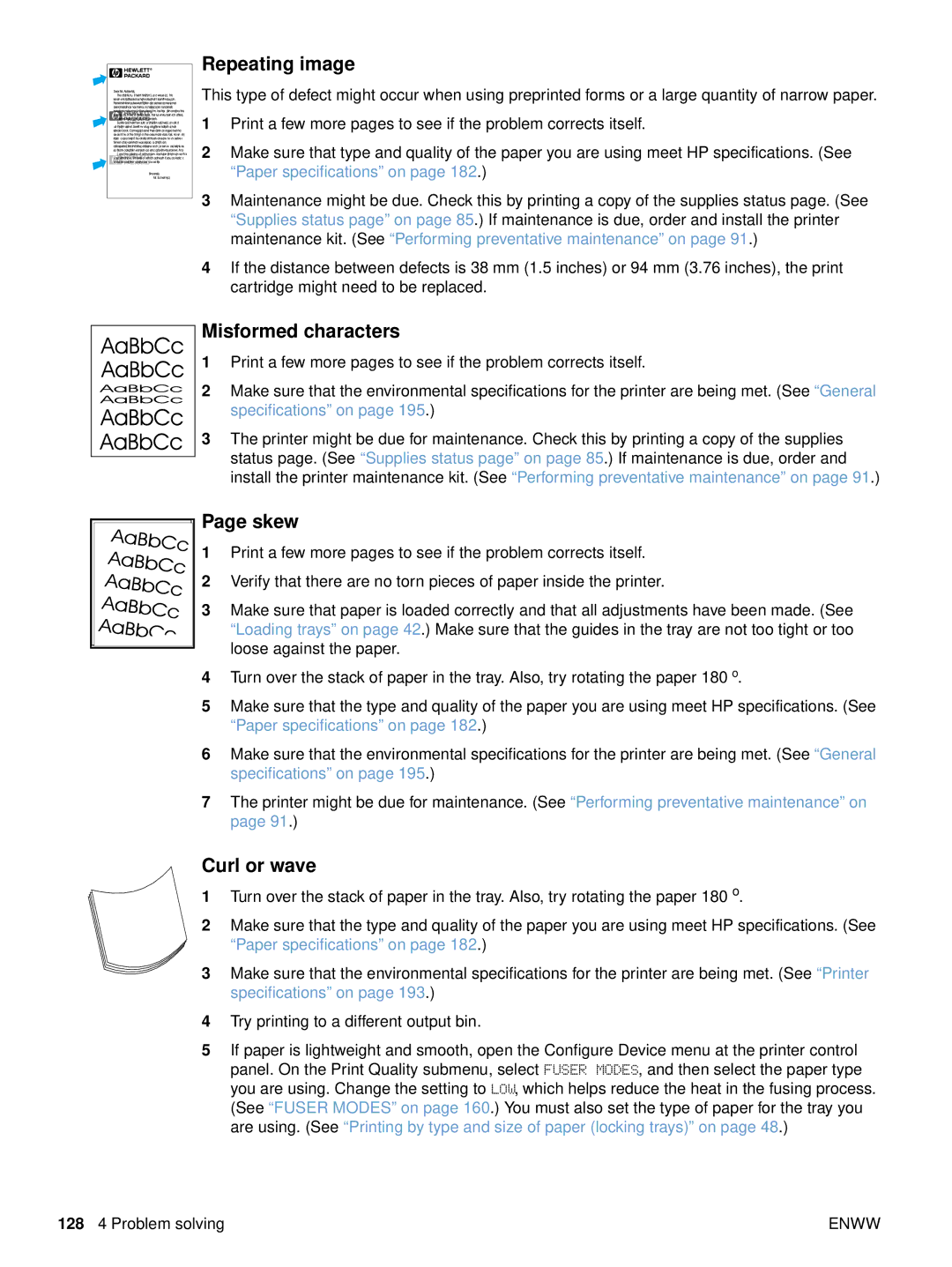 HP 4200dtnsl, 4300dtns, 4200n, 4200tn manual Repeating image, Misformed characters, Skew, Curl or wave 