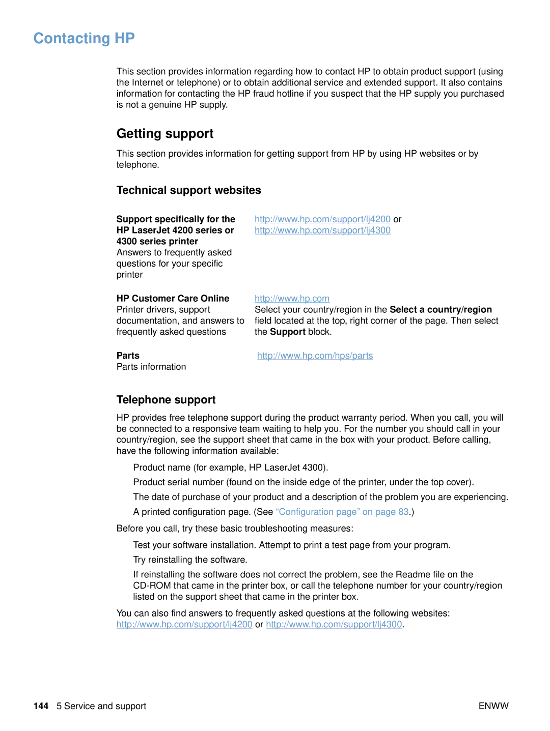 HP 4200tn, 4300dtns, 4200n, 4200dtnsl manual Contacting HP, Getting support, Technical support websites, Telephone support 
