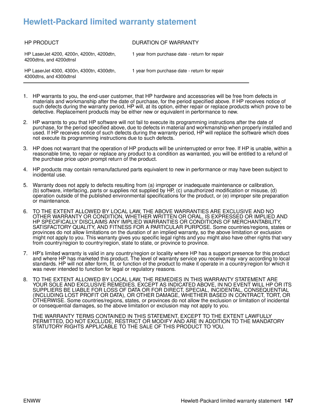 HP 4300dtns, 4200n, 4200dtnsl, 4200tn manual Hewlett-Packard limited warranty statement, HP Product Duration of Warranty 