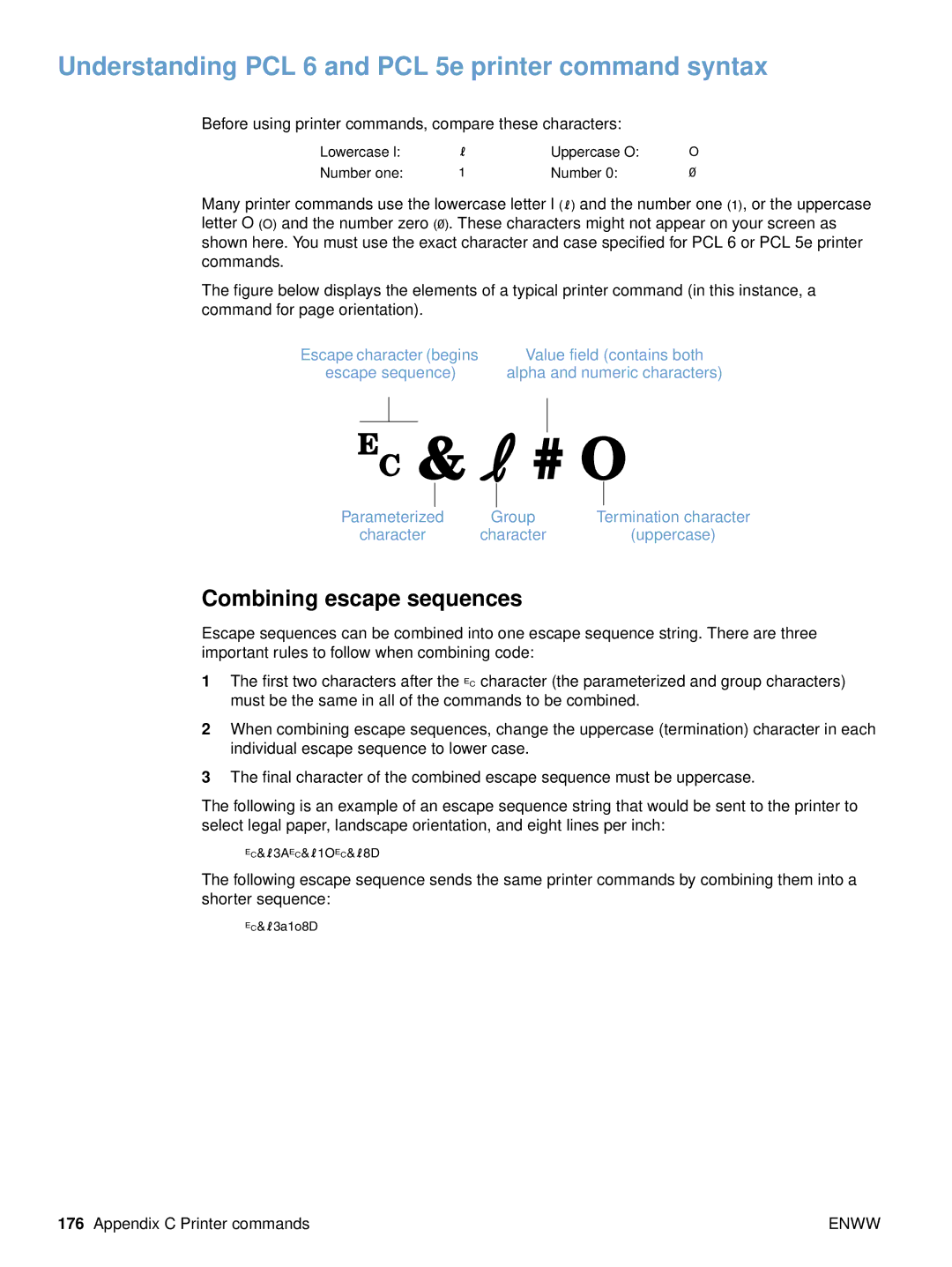 HP 4200n, 4300dtns, 4200dtnsl, 4200tn Understanding PCL 6 and PCL 5e printer command syntax, Combining escape sequences 