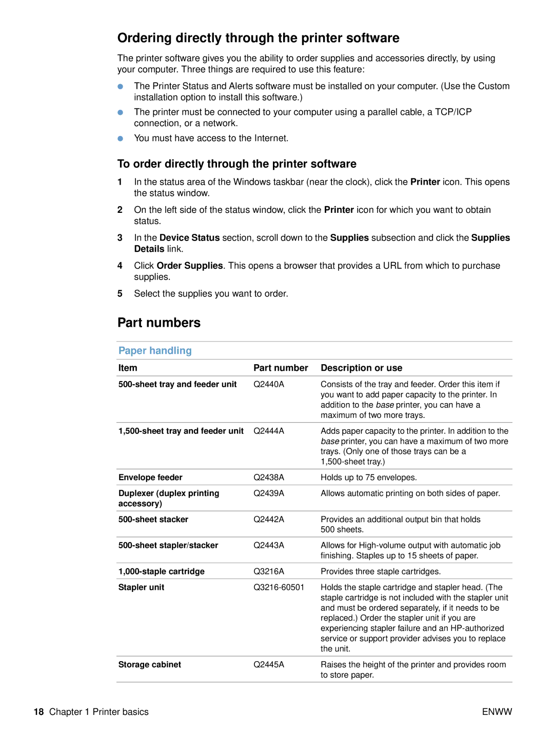 HP 4200tn Ordering directly through the printer software, Part numbers, To order directly through the printer software 