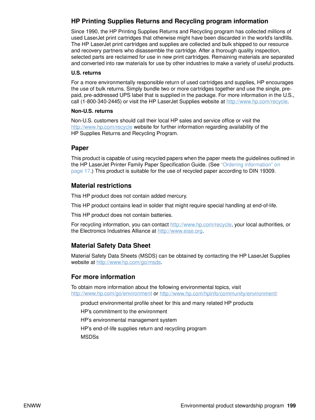 HP 4200dtn, 4200n Paper, Material restrictions, Material Safety Data Sheet For more information, Returns Non-U.S. returns 