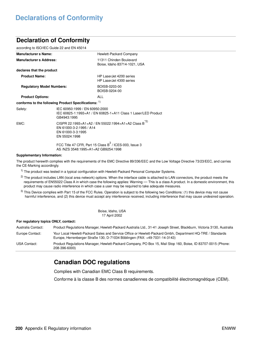 HP 4200tn, 4300dtns, 4200dtns, 4200n manual Declarations of Conformity, Declaration of Conformity, Canadian DOC regulations 