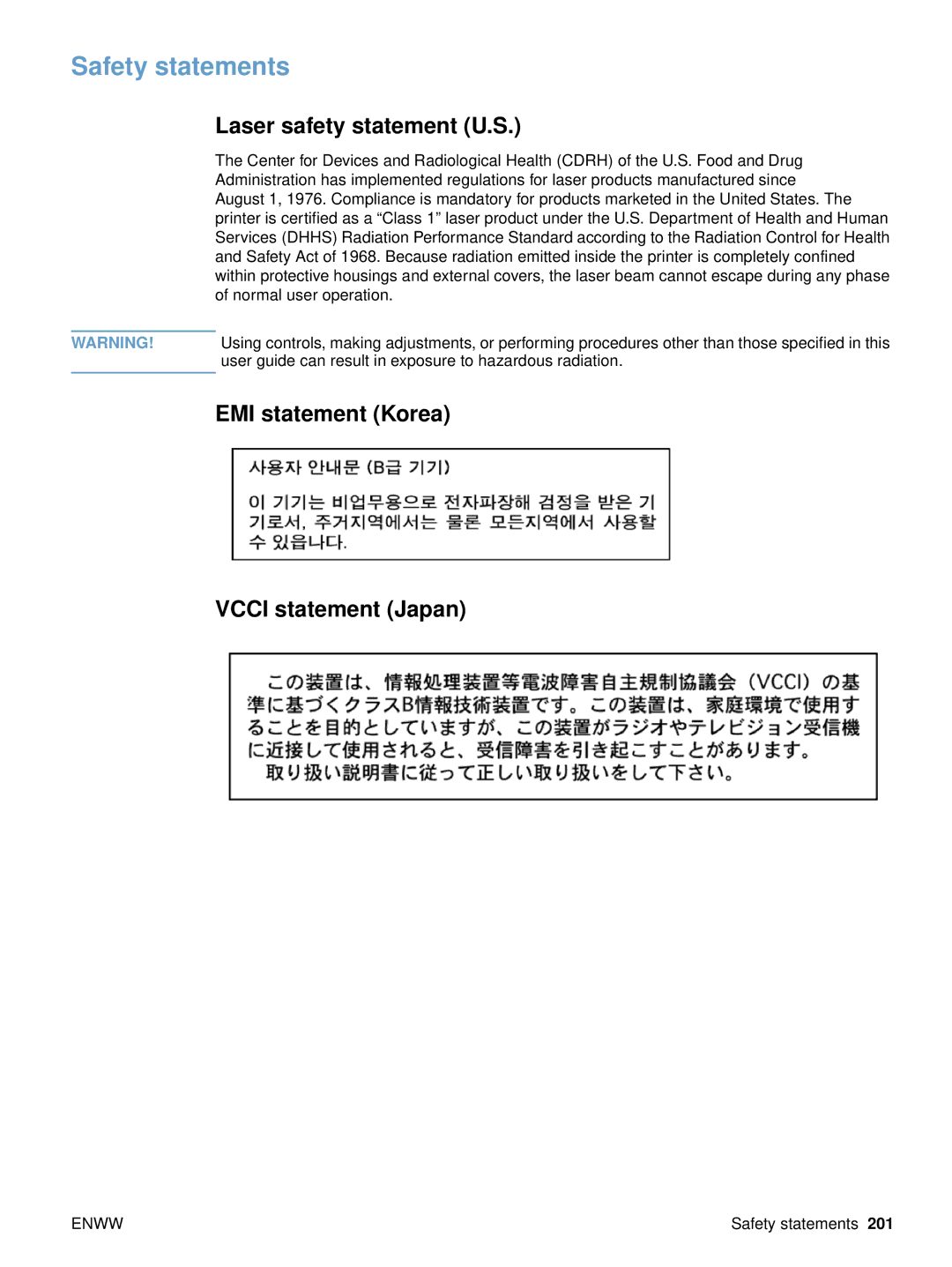 HP 4300dtns, 4200dtns, 4200n, 4200tn Safety statements, Laser safety statement U.S, EMI statement Korea Vcci statement Japan 