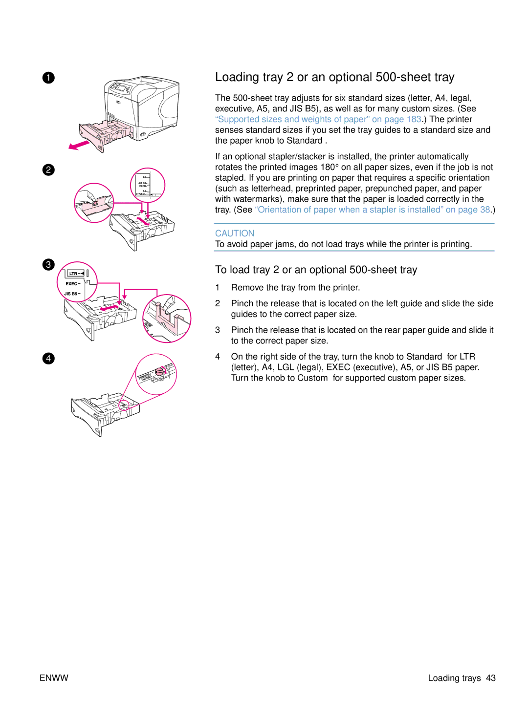 HP 4200n, 4300dtns, 4200dtns Loading tray 2 or an optional 500-sheet tray, To load tray 2 or an optional 500-sheet tray 