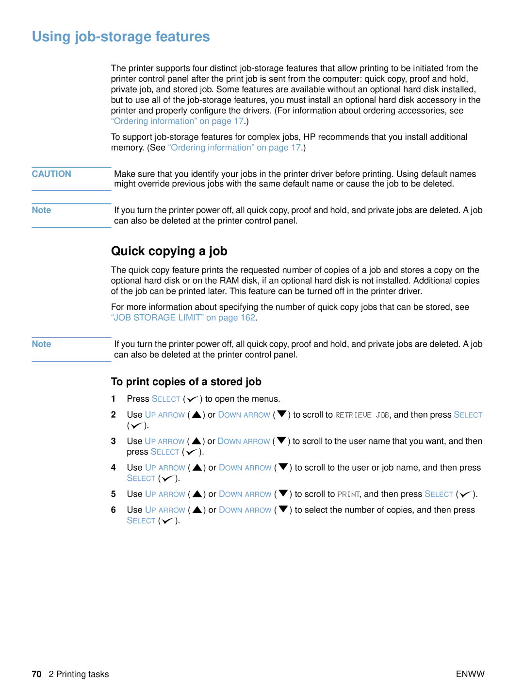 HP 4300dtn, 4200n Using job-storage features, Quick copying a job, To print copies of a stored job, JOB Storage Limit on 