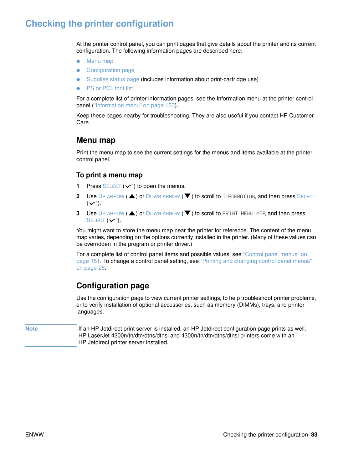 HP 4300dtns, 4200n, 4200dtnsl, 4200tn Checking the printer configuration, Menu map, Configuration, To print a menu map 