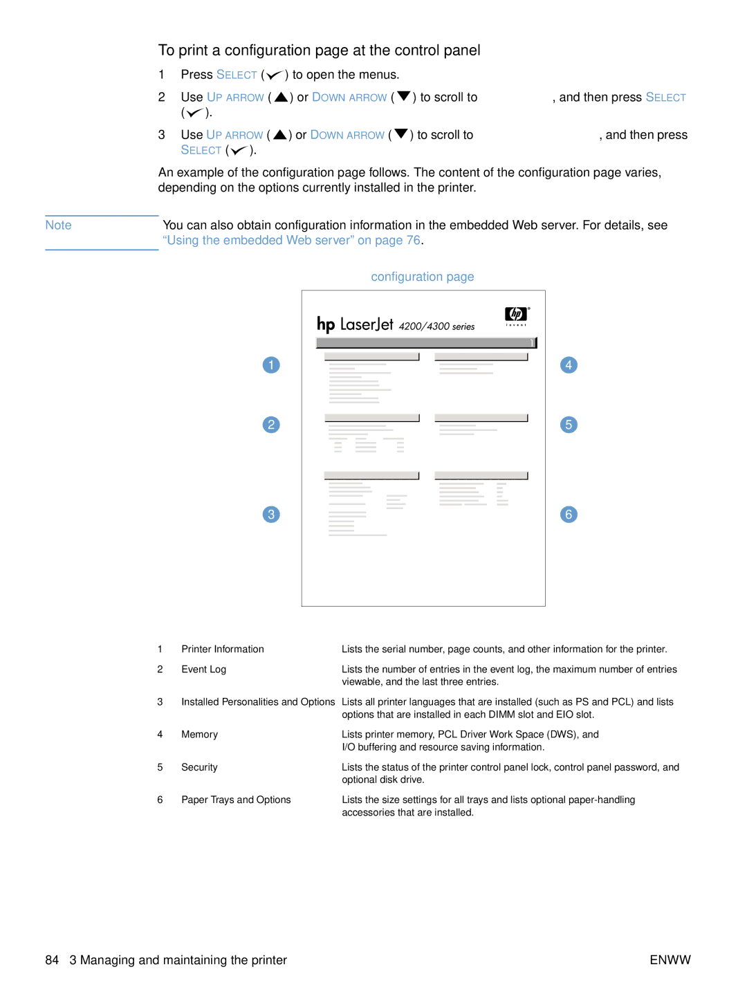 HP 4300dtns, 4200dtns, 4200n, 4200tn To print a configuration page at the control panel, Using the embedded Web server on 