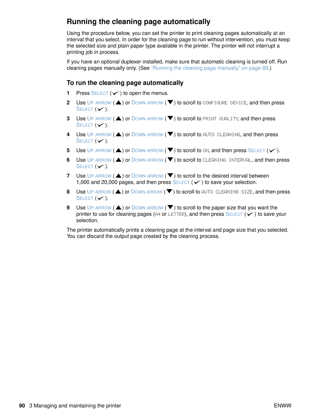 HP 4300dtns, 4200n, 4200dtnsl, 4200tn Running the cleaning page automatically, To run the cleaning page automatically 
