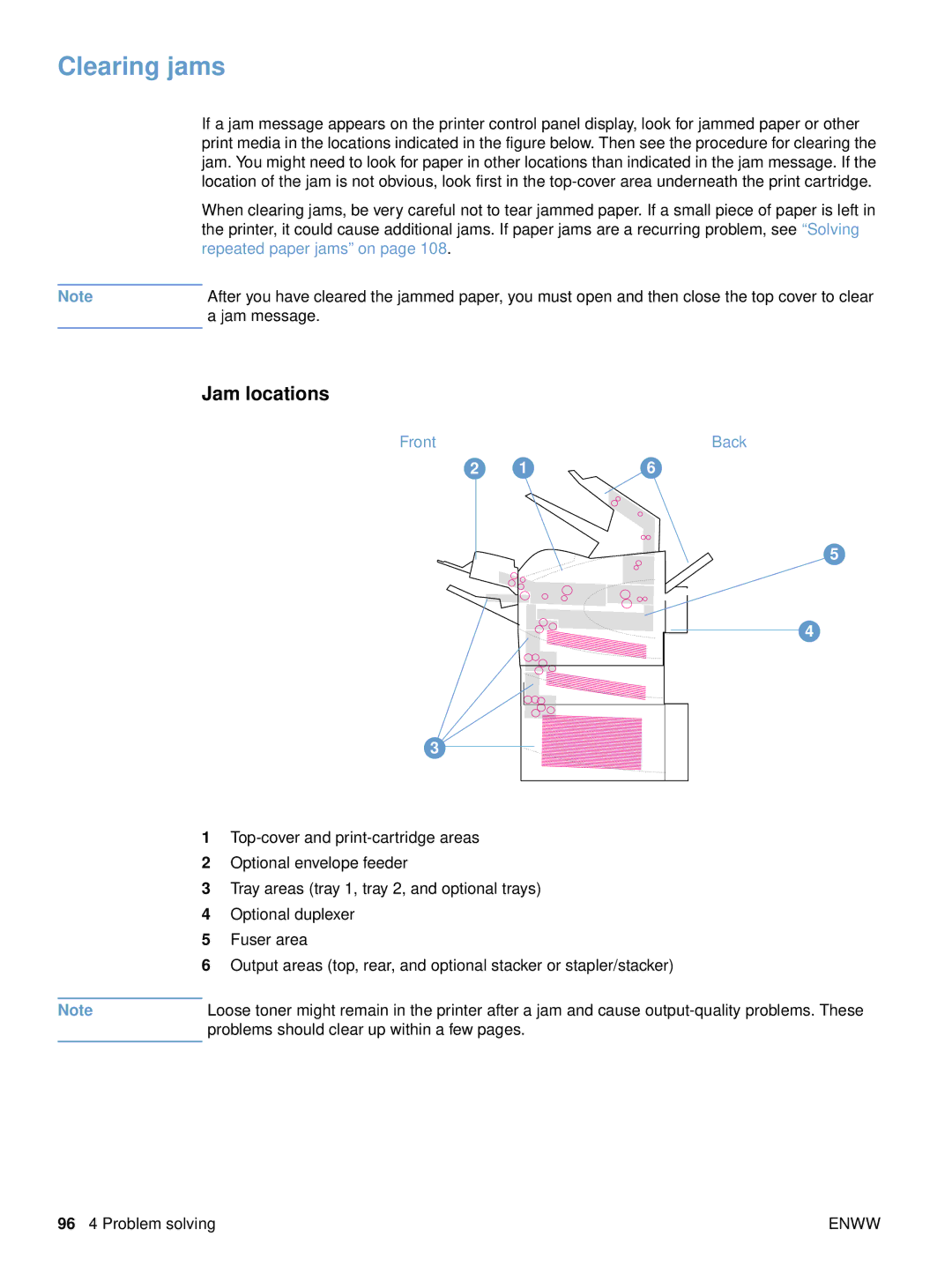 HP 4300dtns, 4200n, 4200dtnsl, 4200tn manual Clearing jams, Jam locations 