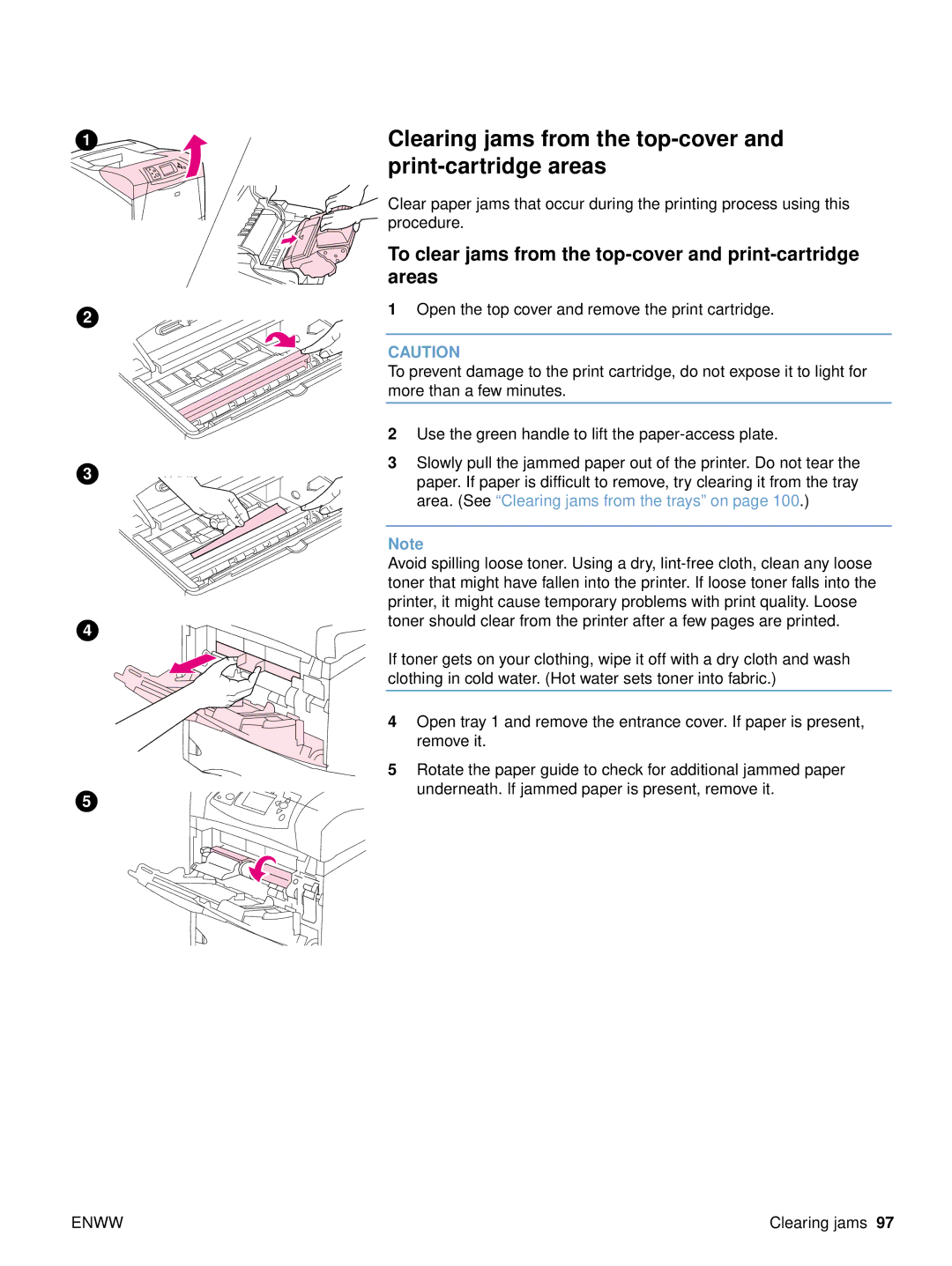 HP 4300dtns, 4200n, 4200dtnsl, 4200tn manual Clearing jams from the top-cover and print-cartridge areas 