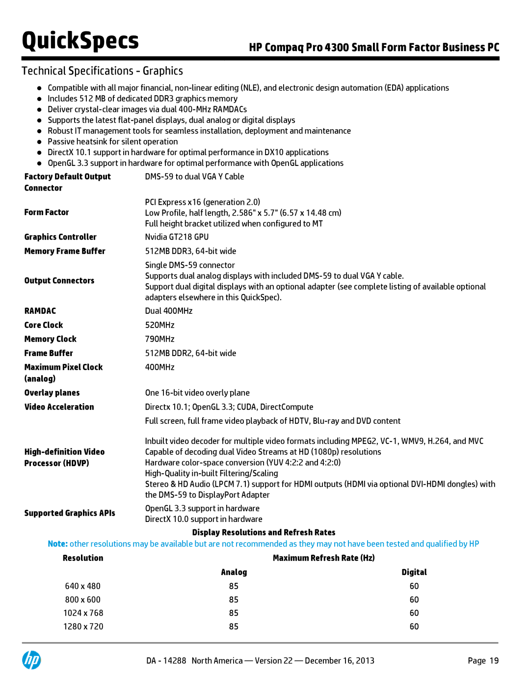 HP 4300P C7A41UT#ABA manual Form Factor, Output Connectors, Core Clock, Memory Clock, Frame Buffer, Maximum Pixel Clock 