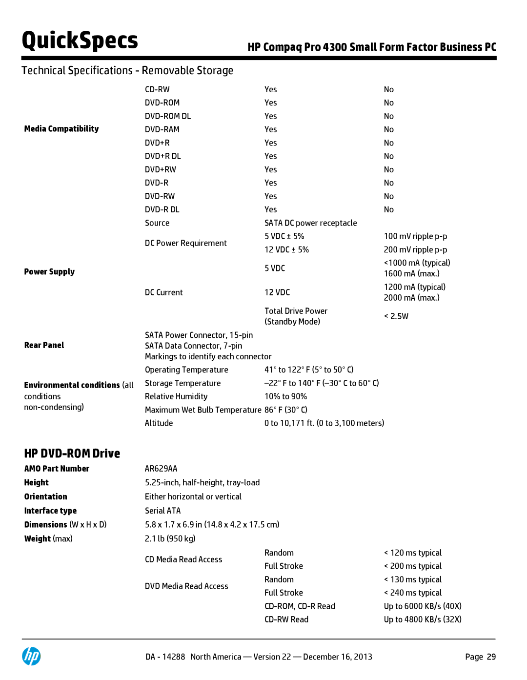 HP 4300P C7A41UT#ABA manual HP DVD-ROM Drive, Media Compatibility Power Supply 