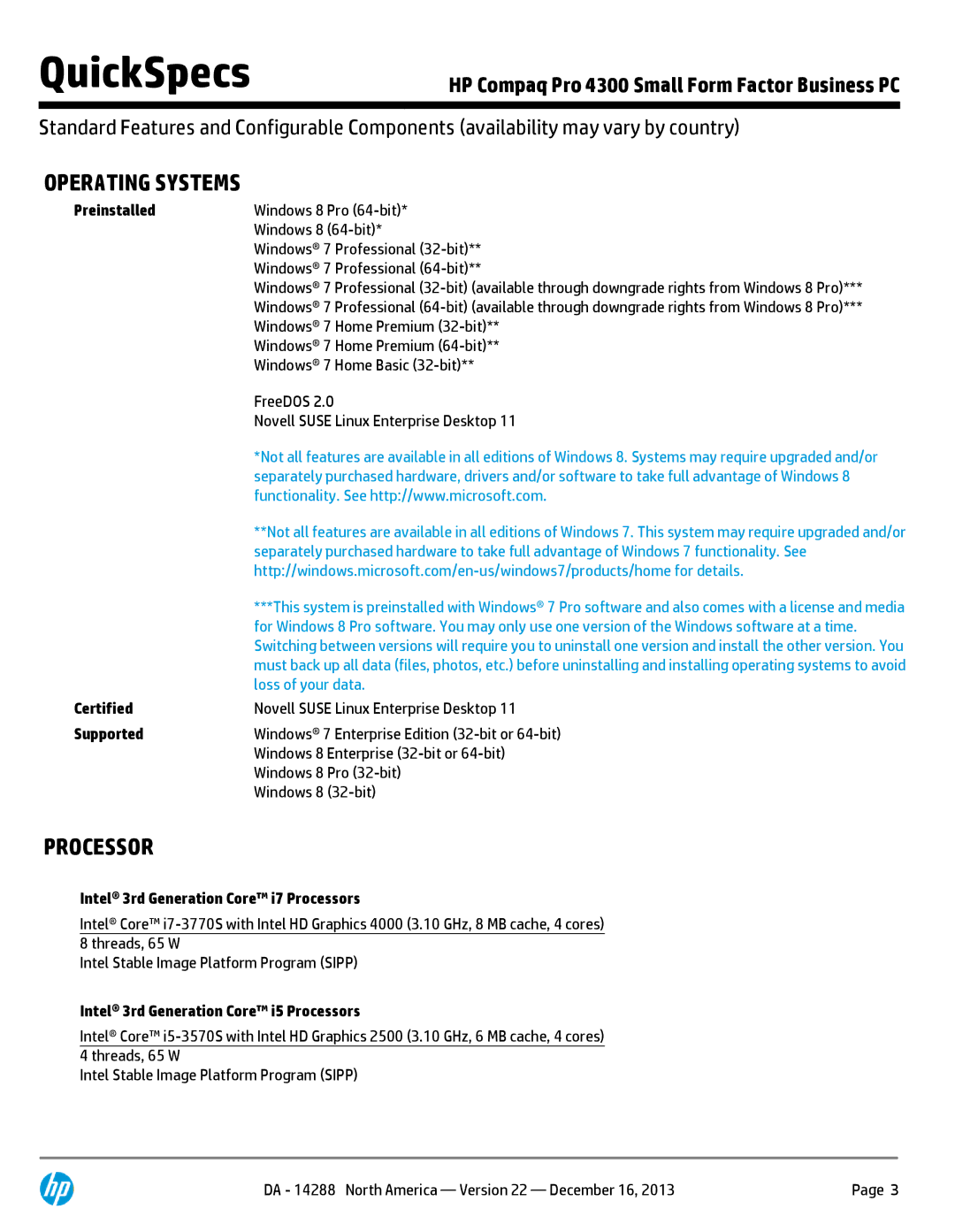 HP 4300P C7A41UT#ABA manual Operating Systems, Processor 