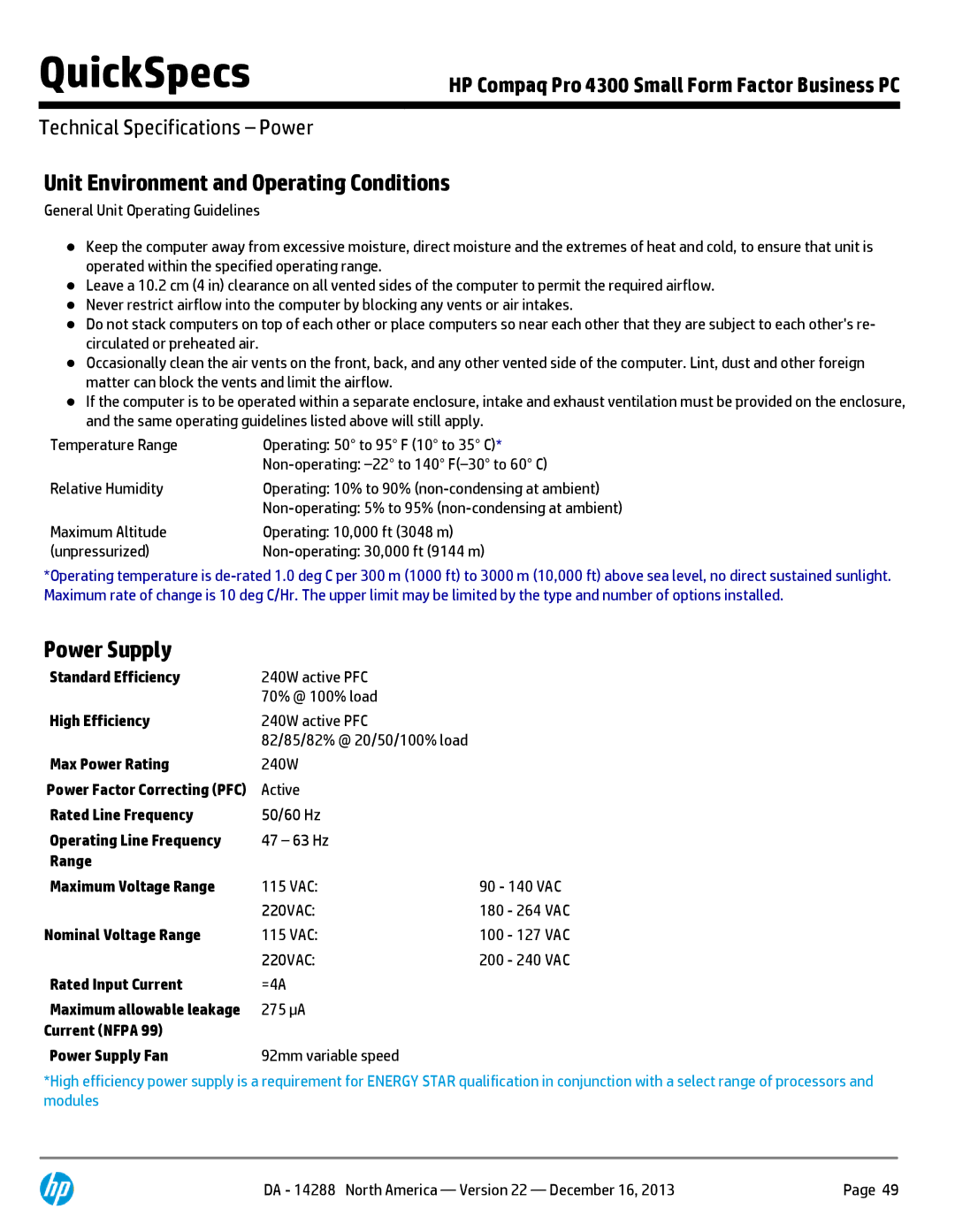 HP 4300P C7A41UT#ABA manual Unit Environment and Operating Conditions, Power Supply 