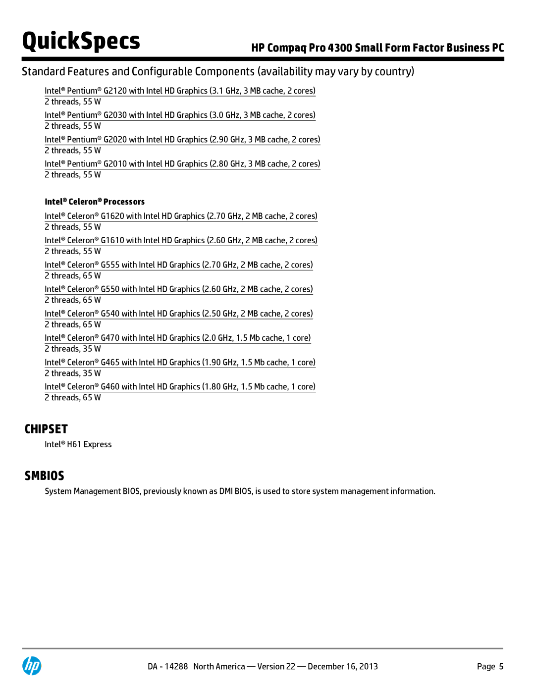 HP 4300P C7A41UT#ABA manual Chipset, Smbios, Intel Celeron Processors, Intel H61 Express 