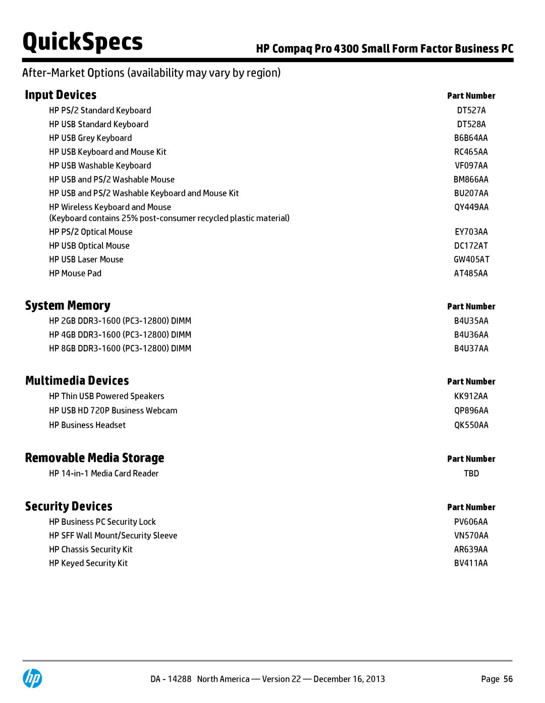 HP 4300P C7A41UT#ABA manual Input Devices, System Memory, Multimedia Devices, Removable Media Storage, Security Devices 