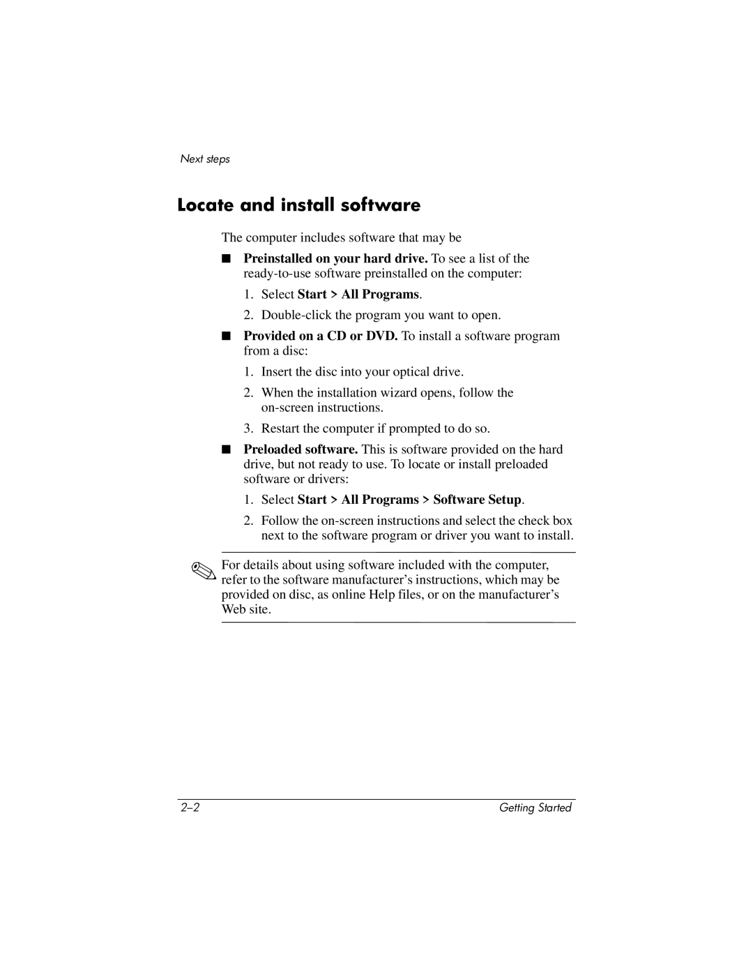 HP 430239-001 manual Locate and install software, Computer includes software that may be 