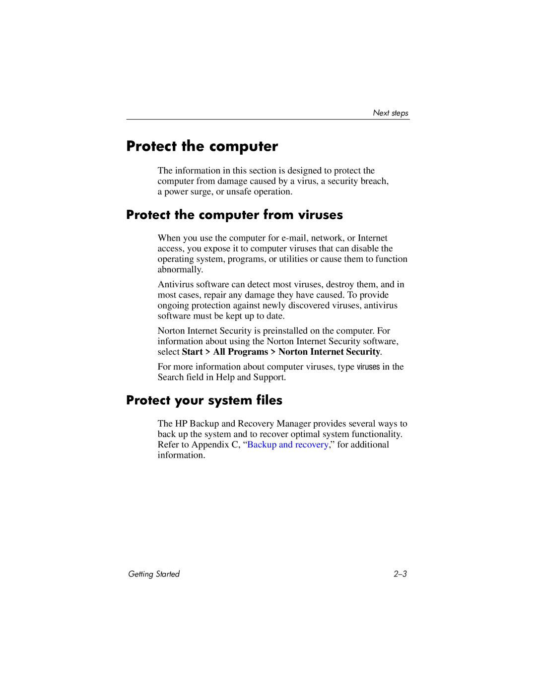 HP 430239-001 manual Protect the computer from viruses, Protect your system files 