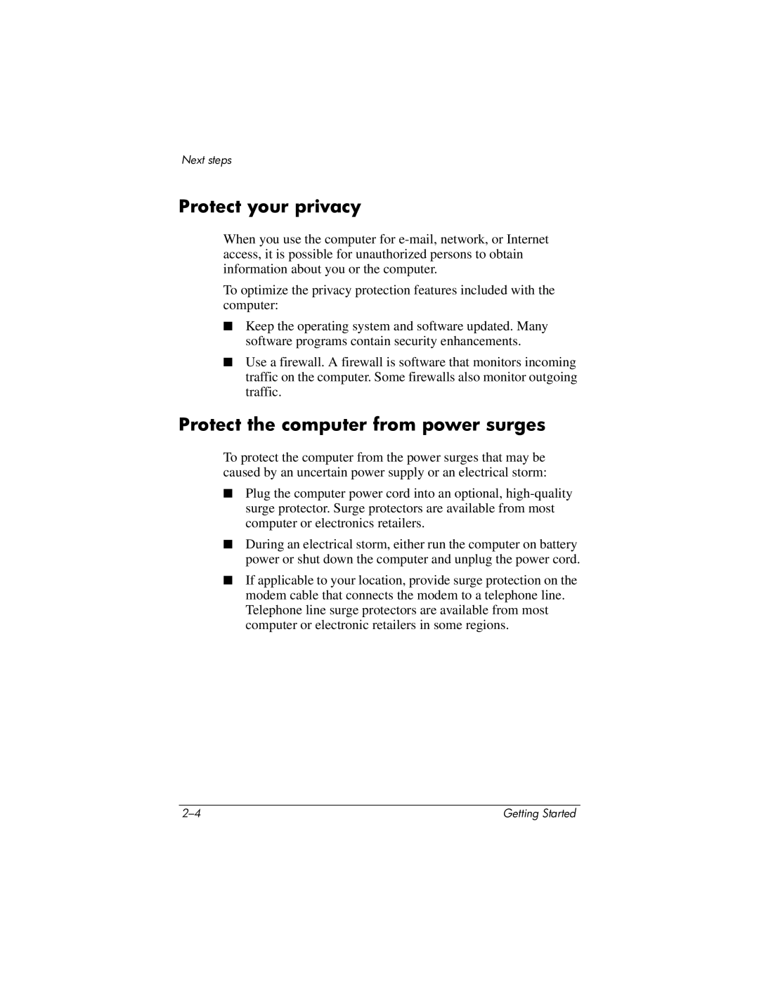 HP 430239-001 manual Protect your privacy, Protect the computer from power surges 