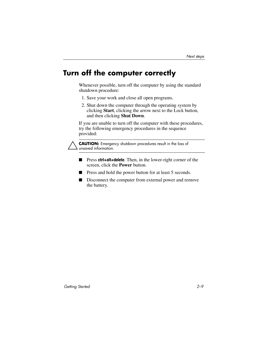 HP 430239-001 manual Turn off the computer correctly 