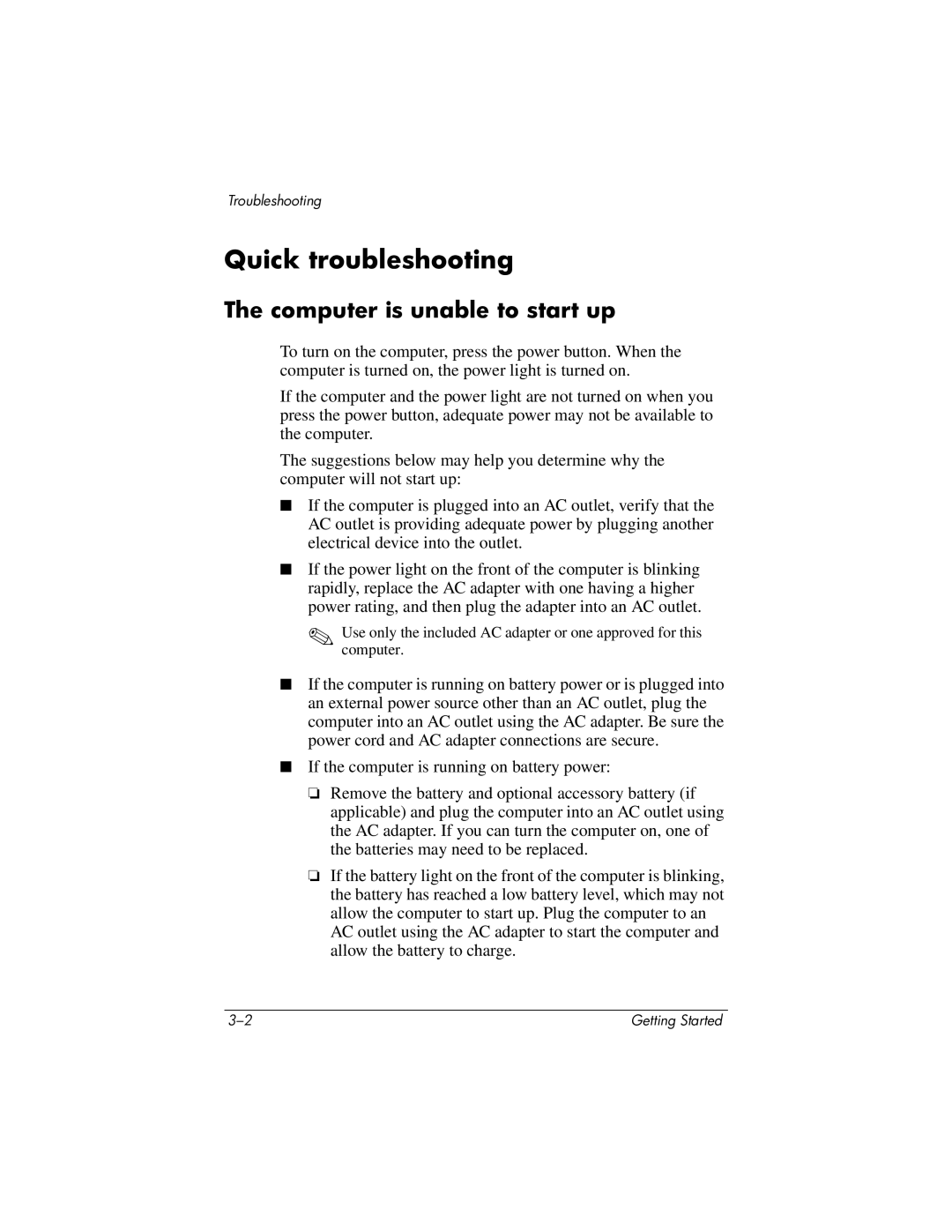 HP 430239-001 manual Quick troubleshooting, Computer is unable to start up 