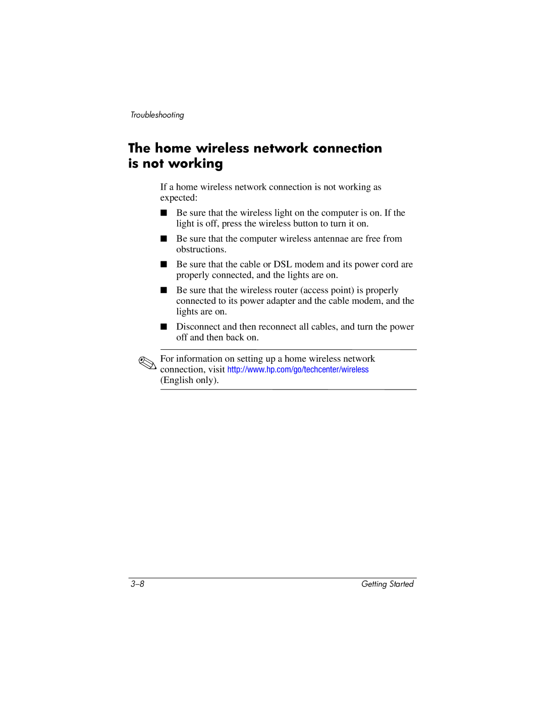 HP 430239-001 manual Home wireless network connection is not working 